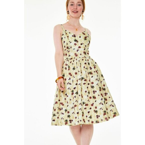 Voodoo Vixen Flora Slip Flare Midi Dress Yellow Pockets Bees HoneycombSize 6